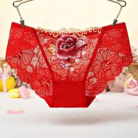 P445 - Celana Dalam Panties Hipster Merah Transparan, Bordir Bunga