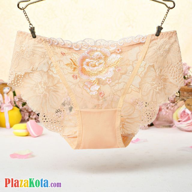 P446 - Celana Dalam Panties Hipster Krem Transparan Bordir Bunga - Photo 1