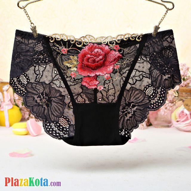 P447 - Celana Dalam Panties Hipster Hitam Transparan Bordir Bunga - Photo 1