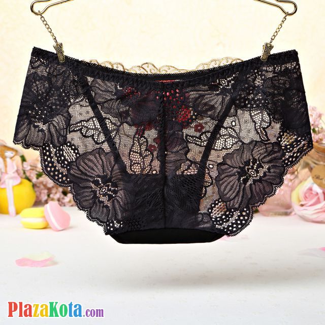 P447 - Celana Dalam Panties Hipster Hitam Transparan Bordir Bunga - Photo 2