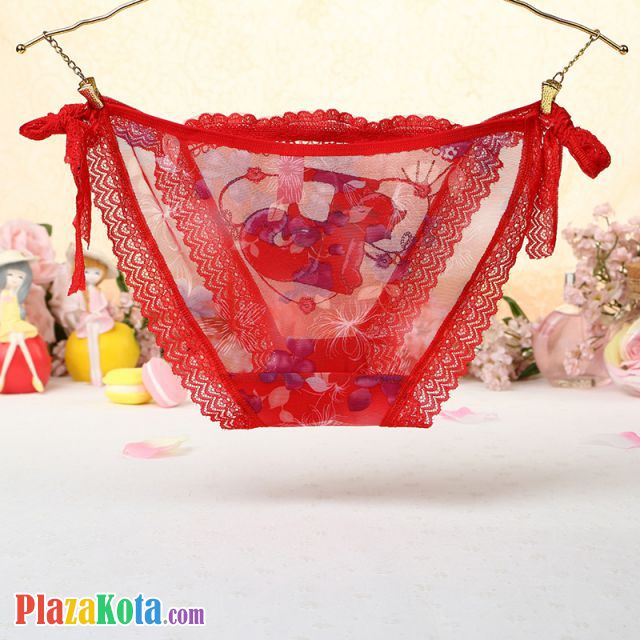 P457 - Celana Dalam Panties Thong Merah Transparan, Fox Musang, Ikat Samping - Photo 2