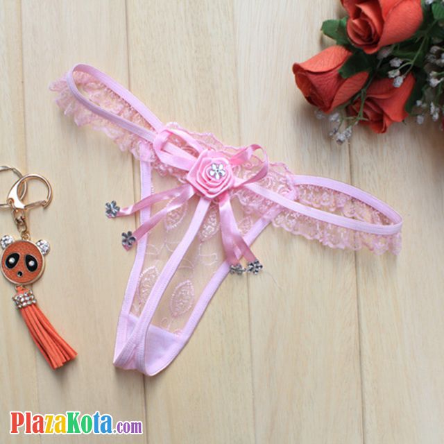 GS272 - Celana Dalam G-String Wanita Pink Transparan Pita Bunga - Photo 1