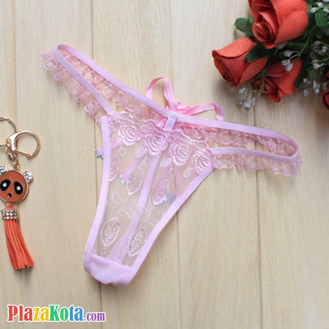 GS272 - Celana Dalam G-String Wanita Pink Transparan, Pita Bunga - Photo 2