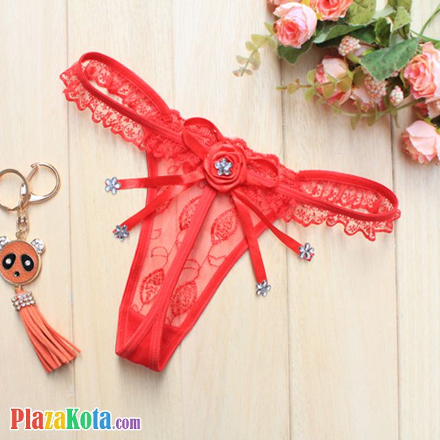 GS274 - Celana Dalam G-String Wanita Merah Transparan Pita Bunga - Photo 1