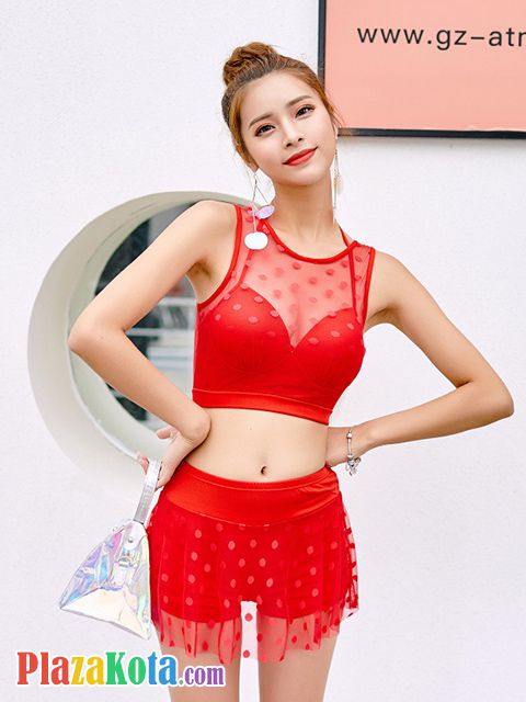 R008 - Baju Renang Swimsuit Two Piece Halterneck Merah Bra Kawat Cup Busa - Photo 1