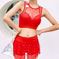 R008 - Baju Renang Swimsuit Two Piece Halterneck Merah, Bra Kawat, Cup Busa