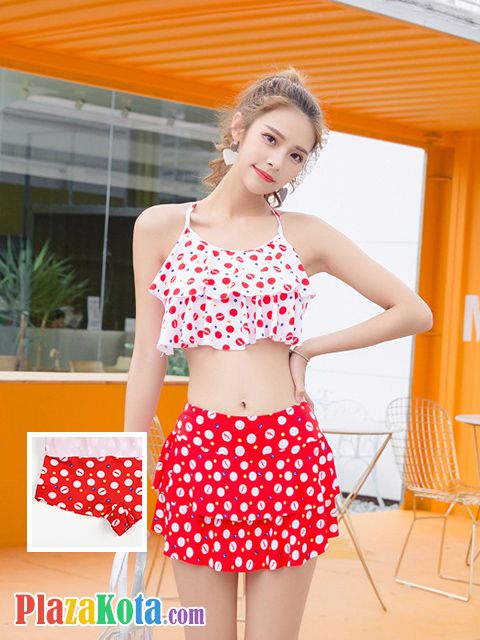 R020 - Baju Renang Swimsuit Two Piece Halterneck Merah Cup Busa - Photo 1