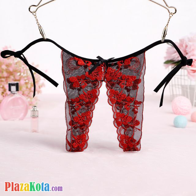 P504 - Celana Dalam Panties Thong Merah Transparan Crotchless Ikat Samping - Photo 1