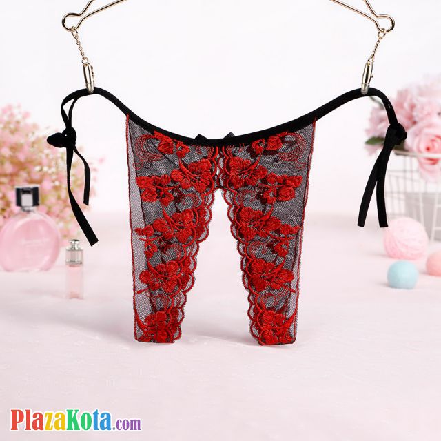 P504 - Celana Dalam Panties Thong Merah Transparan Crotchless Ikat Samping - Photo 2