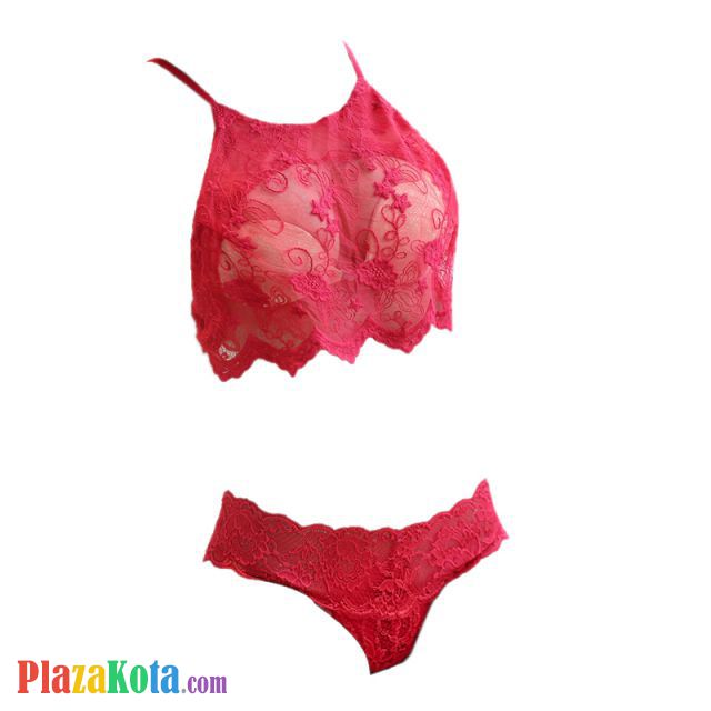 B302 - Bra Set Bralette Merah Transparan Celana Dalam Bordir Bunga - Photo 1