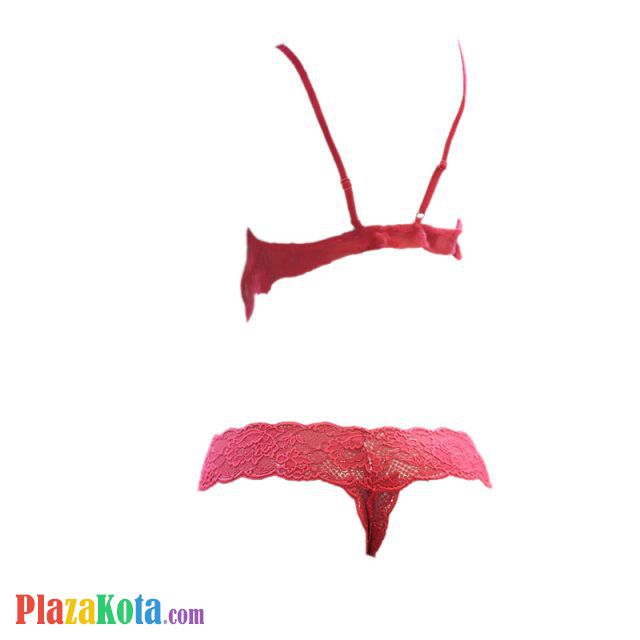 B302 - Lingerie Set Bralette Merah Transparan, Celana Dalam, Bordir Bunga - Photo 2