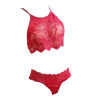 B302 - Lingerie Set Bralette Merah Transparan, Celana Dalam, Bordir Bunga