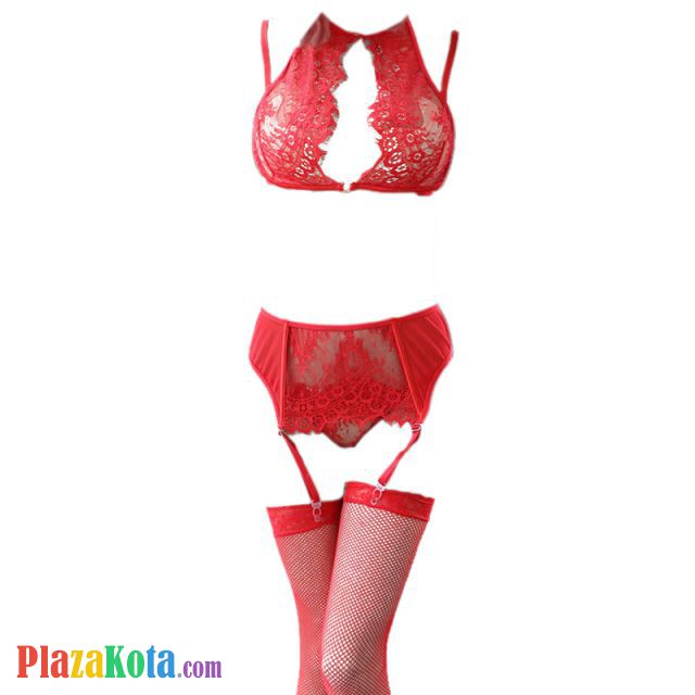 B304 - Bra Set Bralette Merah Transparan Cup Openable Celana Dalam Crotchless Garter Belt Stocking - Photo 1