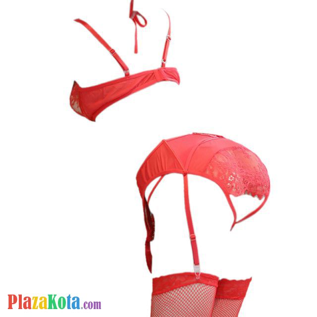 B304 - Bikini Bra Set Halterneck Merah Transparan, Crotchless, Garter, Stocking Fishnet - Photo 2