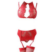 B304 - Lingerie Set Bralette Merah Transparan, Cup Openable, Celana Dalam Crotchless, Garter Belt, Stocking Fishnet
