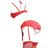 B304 - Bikini Bra Set Halterneck Merah Transparan, Crotchless, Garter, Stocking Fishnet - Thumbnail 2