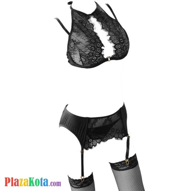 B305 - Bra Set Bralette Hitam Transparan Cup Openable Celana Dalam Crotchless Garter Belt Stocking - Photo 1