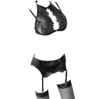 B305 - Bikini Bra Set Halterneck Hitam Transparan, Crotchless, Garter, Stocking Fishnet