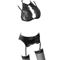 B305 - Bra Set Bralette Hitam Transparan Cup Openable Celana Dalam Crotchless Garter Belt Stocking