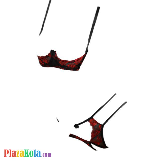 B309 - Bikini Bra Set Hitam Transparan, Bordir Bunga Merah, Bra Kawat, Open Cup, Crotchless - Photo 1