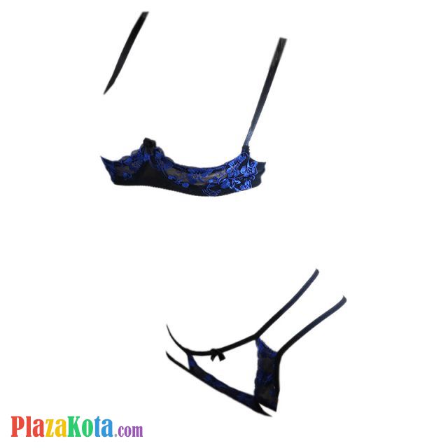 B310 - Bra Set Underwire Kawat Open Cup Hitam Transparan Celana Dalam Crotchless Bordir Bunga Biru - Photo 1