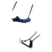 B310 - Bra Set Underwire Kawat Open Cup Hitam Transparan Celana Dalam Crotchless Bordir Bunga Biru