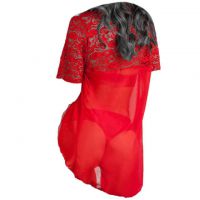 L1091 - Lingerie Robe Merah Transparan, Lengan Pendek, Baju Dalaman Teddy - Thumbnail 2