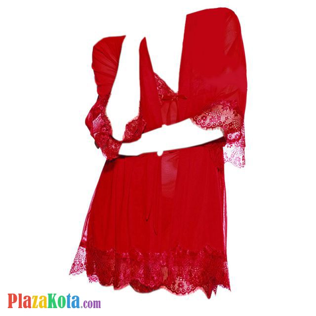 L1094 - Baju Tidur Lingerie Robe Kimono Dress Merah Transparan Lengan Pendek Ikat Pinggang - Photo 1
