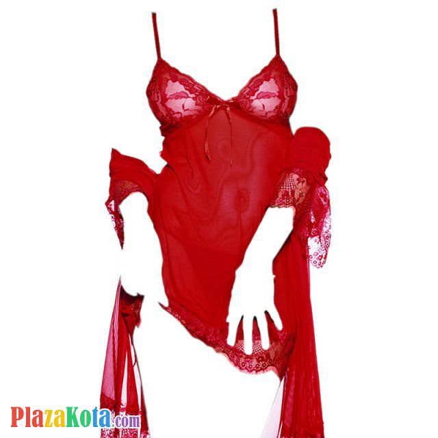 L1094 - Baju Tidur Lingerie Robe Kimono Dress Merah Transparan Lengan Pendek Ikat Pinggang - Photo 2