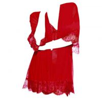 L1094 - Baju Tidur Lingerie Robe Kimono Dress Merah Transparan Lengan Pendek Ikat Pinggang