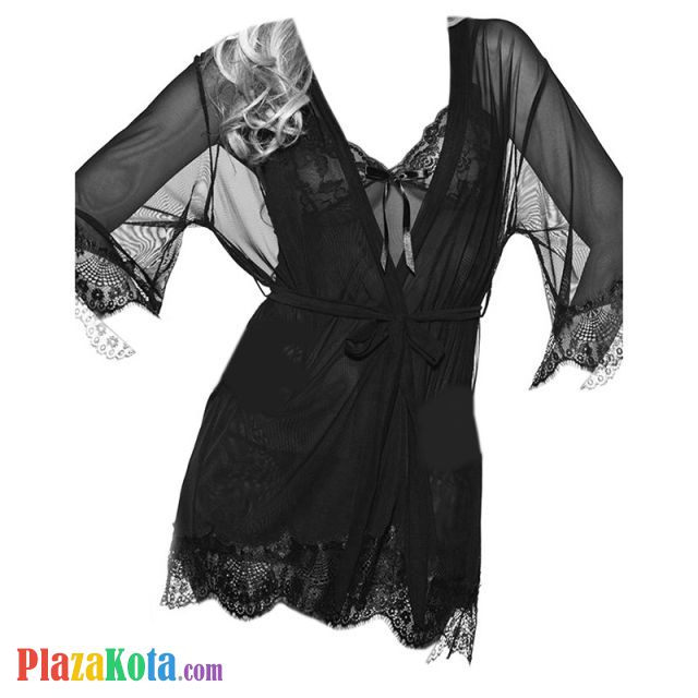 L1096 - Baju Tidur Lingerie Robe Kimono Dress Hitam Transparan Lengan Pendek Ikat Pinggang - Photo 1