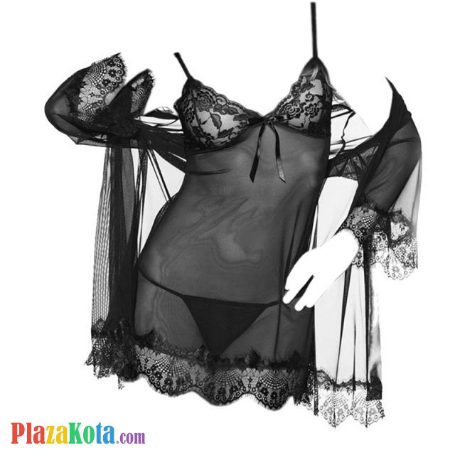 L1096 - Baju Tidur Lingerie Robe Kimono Dress Hitam Transparan Lengan Pendek Ikat Pinggang - Photo 2