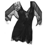 L1096 - Lingerie Robe Hitam Transparan, Lengan Pendek, Ikat Pinggang