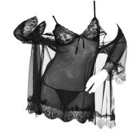 L1096 - Baju Tidur Lingerie Robe Kimono Dress Hitam Transparan Lengan Pendek Ikat Pinggang - Thumbnail 2