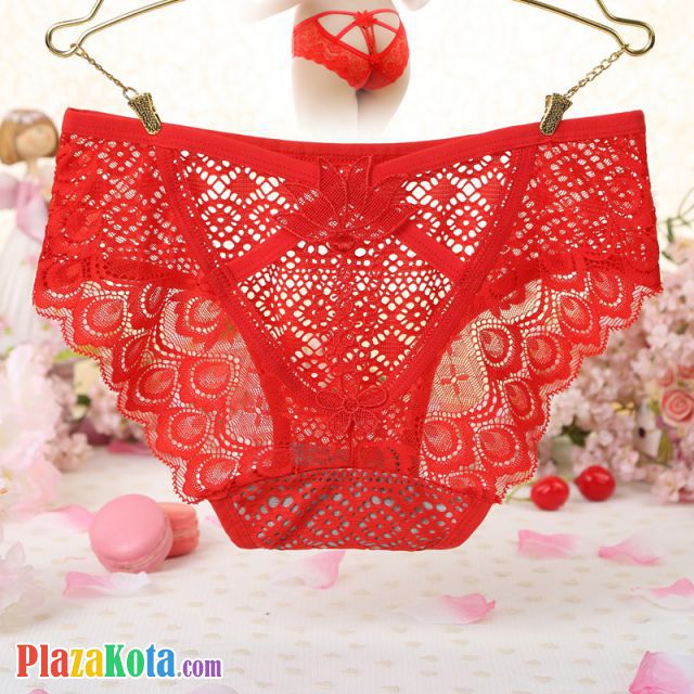 P522 - Celana Dalam Panties Hipster Merah Transparan, Bunga Belakang - Photo 1
