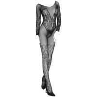 BS194 - Bodystocking Full Body Fishnet Hitam, Lengan Panjang, Crotchless