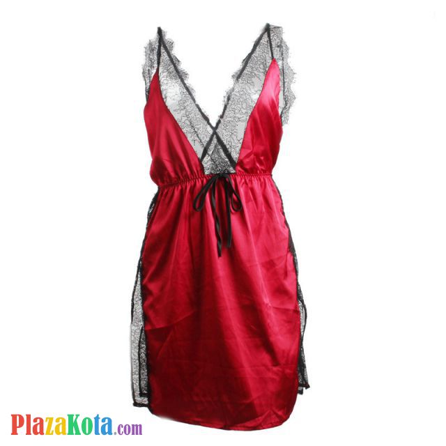 L1099 - Baju Tidur Lingerie Nightgown Sleepwear Midi Dress Tali Silang Merah Belah Samping - Photo 1