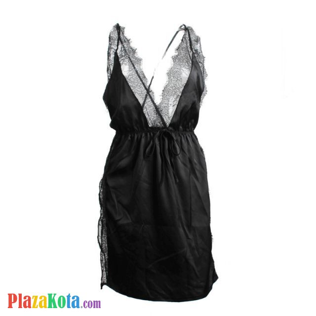 L1101 - Baju Tidur Lingerie Nightgown Midi Dress Tali Silang Hitam Belah Samping - Photo 1