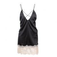 L1106 - Lingerie Nightgown Hitam, Renda Krem