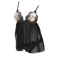 L1108 - Lingerie Babydoll Hitam Transparan, Dada Bordir Bunga