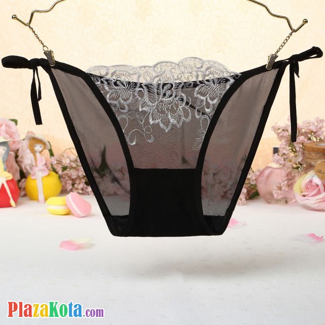 P542 - Celana Dalam Panties Thong Hitam Transparan Bunga Putih Ikat Samping - Photo 1