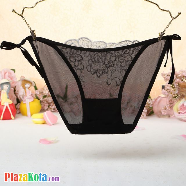 P542 - Celana Dalam Panties Thong Hitam Transparan Bunga Putih Ikat Samping - Photo 2