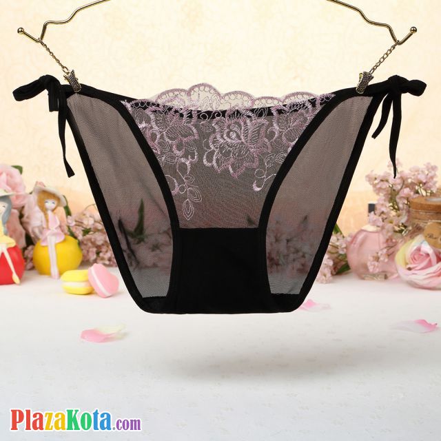 P543 - Celana Dalam Panties Thong Hitam Transparan Bunga Pink Ikat Samping - Photo 1