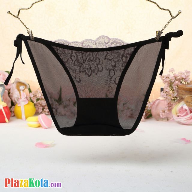 P543 - Celana Dalam Panties Thong Hitam Transparan Bunga Pink Ikat Samping - Photo 2