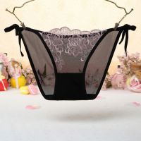 P543 - Celana Dalam Panties Thong Hitam Transparan, Bunga Pink, Ikat Samping