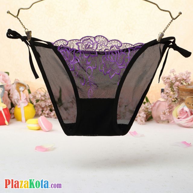 P544 - Celana Dalam Panties Thong Hitam Transparan Bunga Ungu Ikat Samping - Photo 1