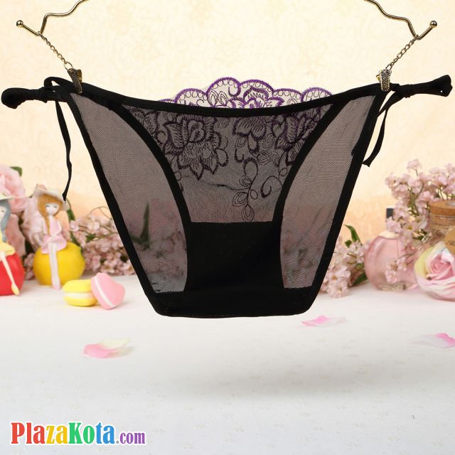 P544 - Celana Dalam Panties Thong Hitam Transparan Bunga Ungu Ikat Samping - Photo 2