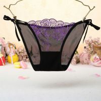 P544 - Celana Dalam Panties Thong Hitam Transparan, Bunga Ungu, Ikat Samping