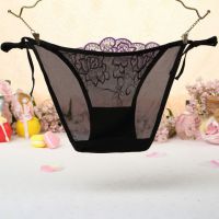 P544 - Celana Dalam Panties Thong Hitam Transparan Bunga Ungu Ikat Samping - Thumbnail 2