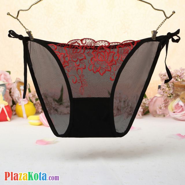 P545 - Celana Dalam Panties Thong Hitam Transparan Bunga Merah Ikat Samping - Photo 1